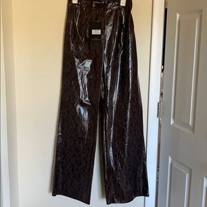 dark brown faux Leather snakeskin wide leg pants